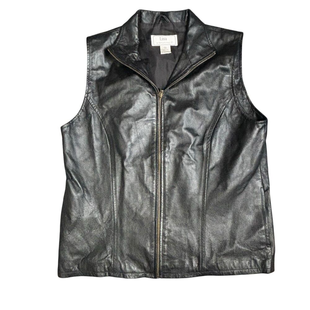 Vintage Lisa International Women's M Black‎ Genuine Leather Collard Zip Up Vest